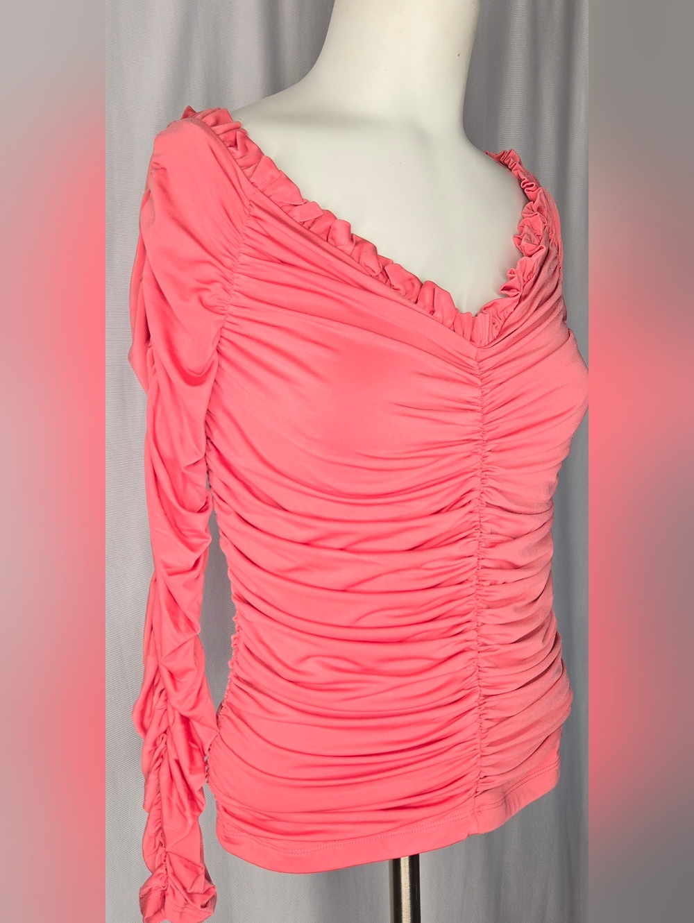 Express Body Contour Vibrant Coral Pink Ruched Long‎ Sleeve Blouse Size S NWT